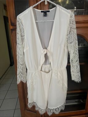 Forever 21 Ivory Lace Tie-Front Romper